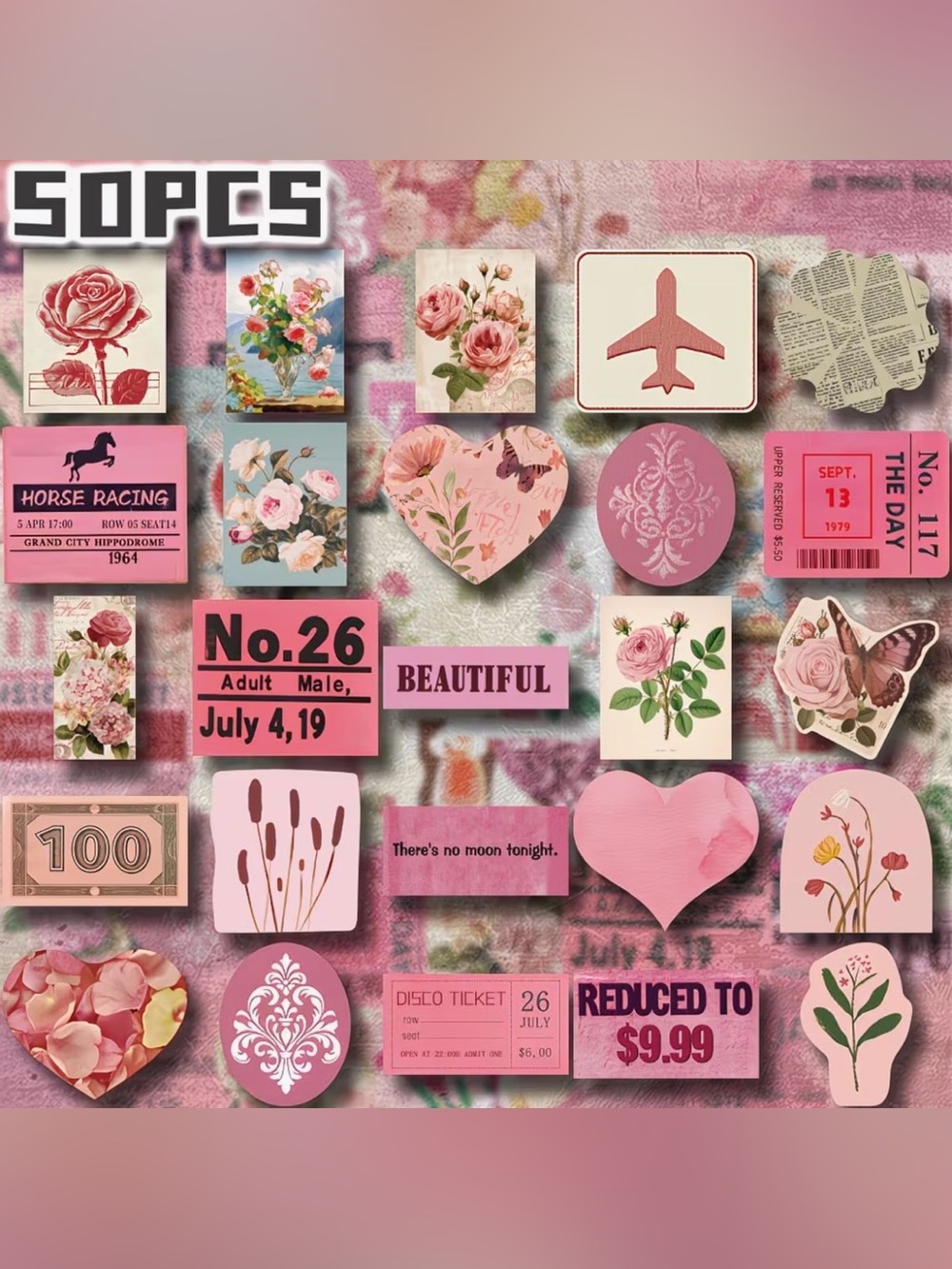 50 Vintage Pink Stickers Flowers Concert Tickets Hearts Butterfly Stamps